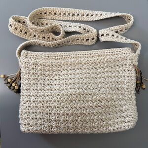 The Sak Crochet Crossbody Bag with Beaded Fringe in Natural Off White